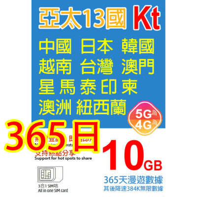 KT 日本 韓國 澳門 台灣 星加坡 馬來西亞 印尼 越南 泰國 柬埔寨 澳洲 紐西蘭 中國 365日5G 10GB之後降速384K無限數據《購買2張免費順豐》 上網卡數據卡Sim卡電話咭data